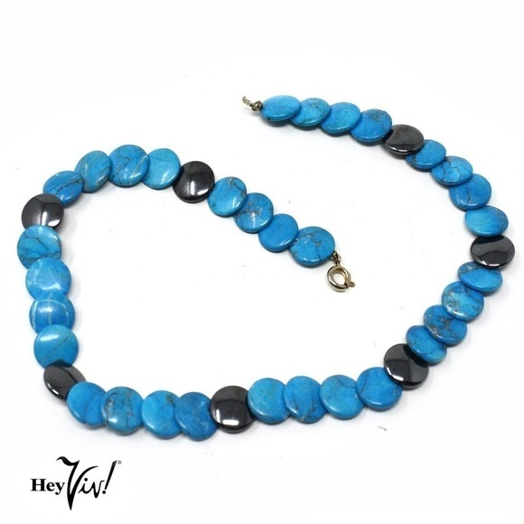 Vintage Choker Necklace Turquoise Blue and Black Flat Beads 15" long - Hey Viv - Picture 2 of 5